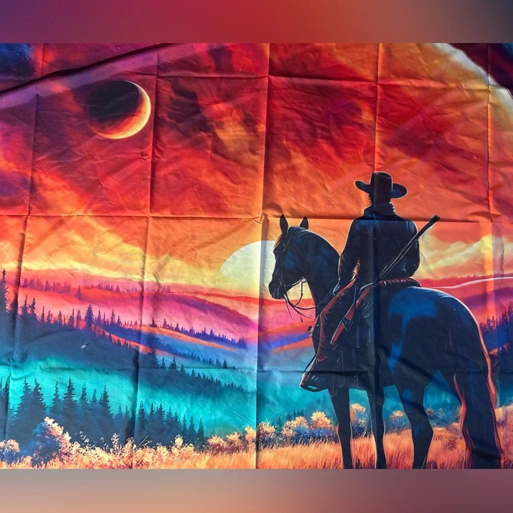 Cowboy on horse watching a sunset backdrop , 4 x 5